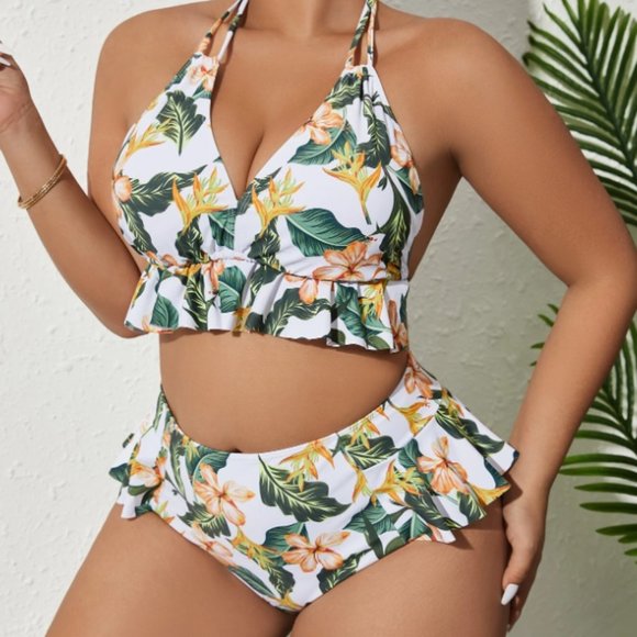 NWOT Plus Tropical Print Ruffle Hem Bikini Swimsuit - Picture 3 of 5